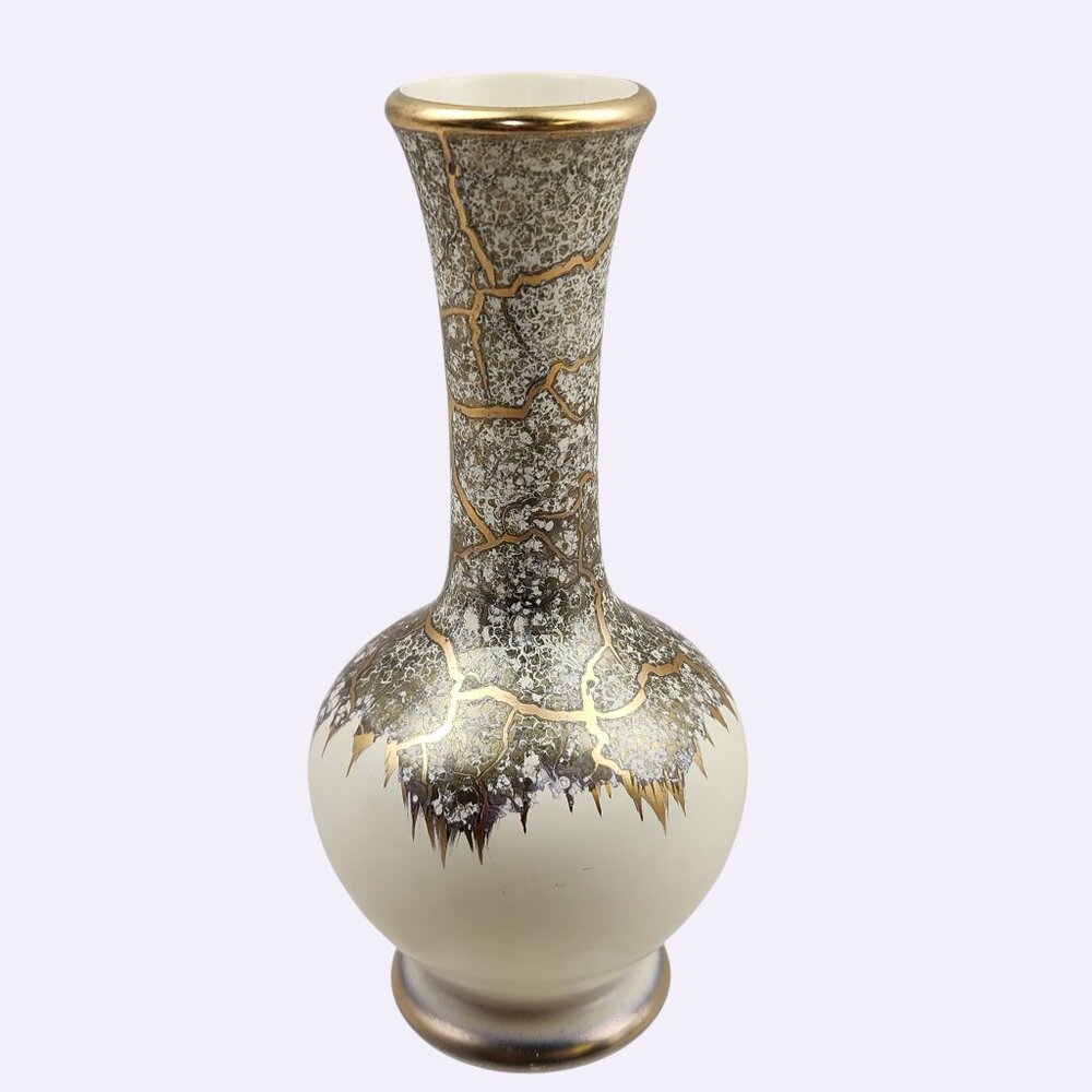 VTG Porcelain Bud Vase Gold Crackle Finish Ivory Base Fire & Ice Pattern 4.75"